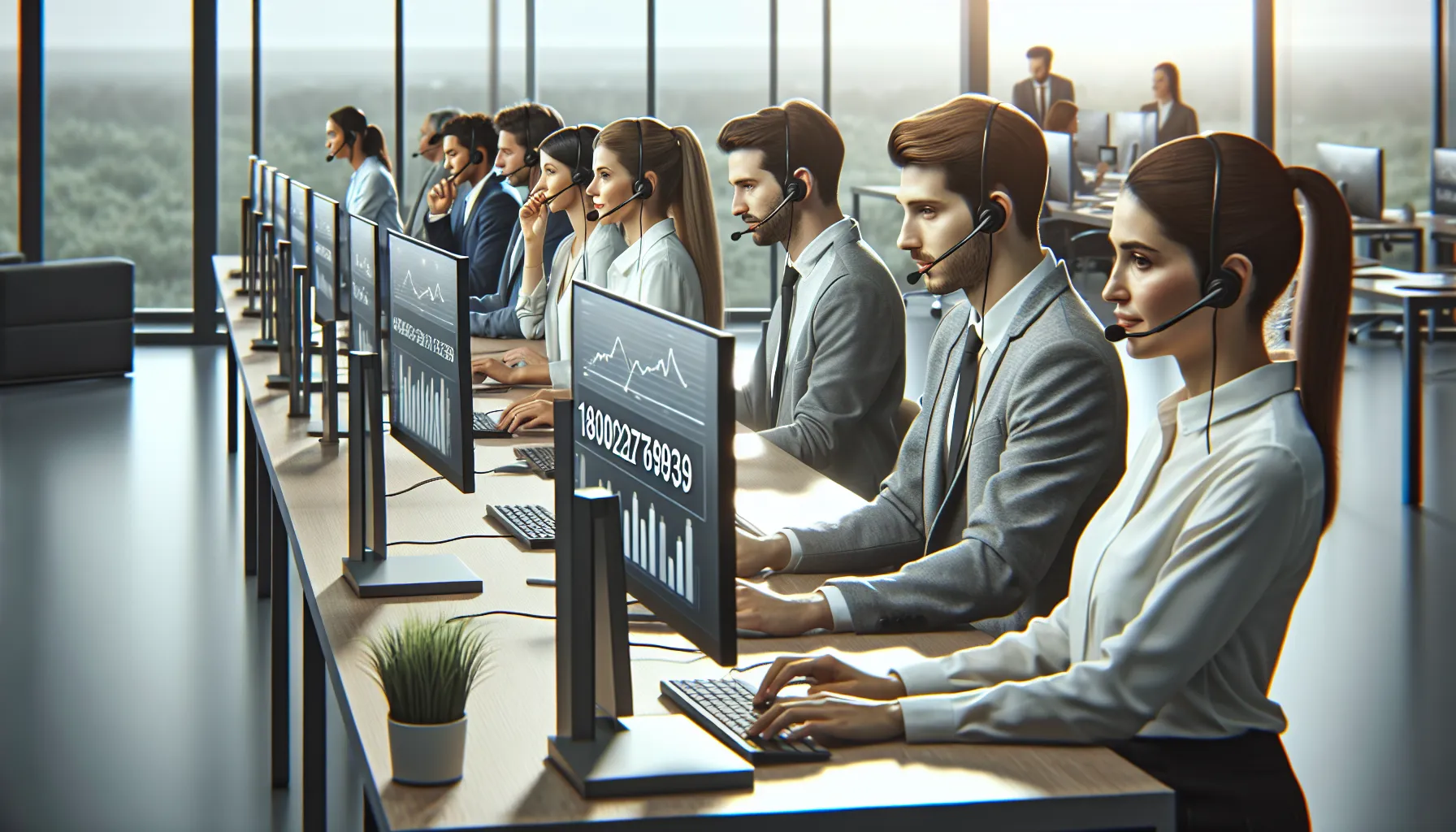 diverse customer service team in a modern call center.