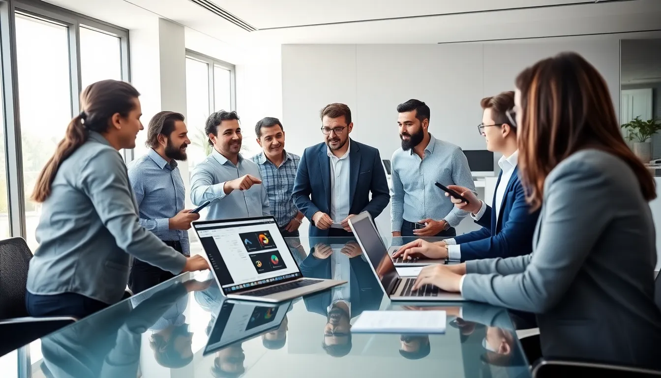 professionals collaborating on testing StoneCap 3.0.34 software in an office.