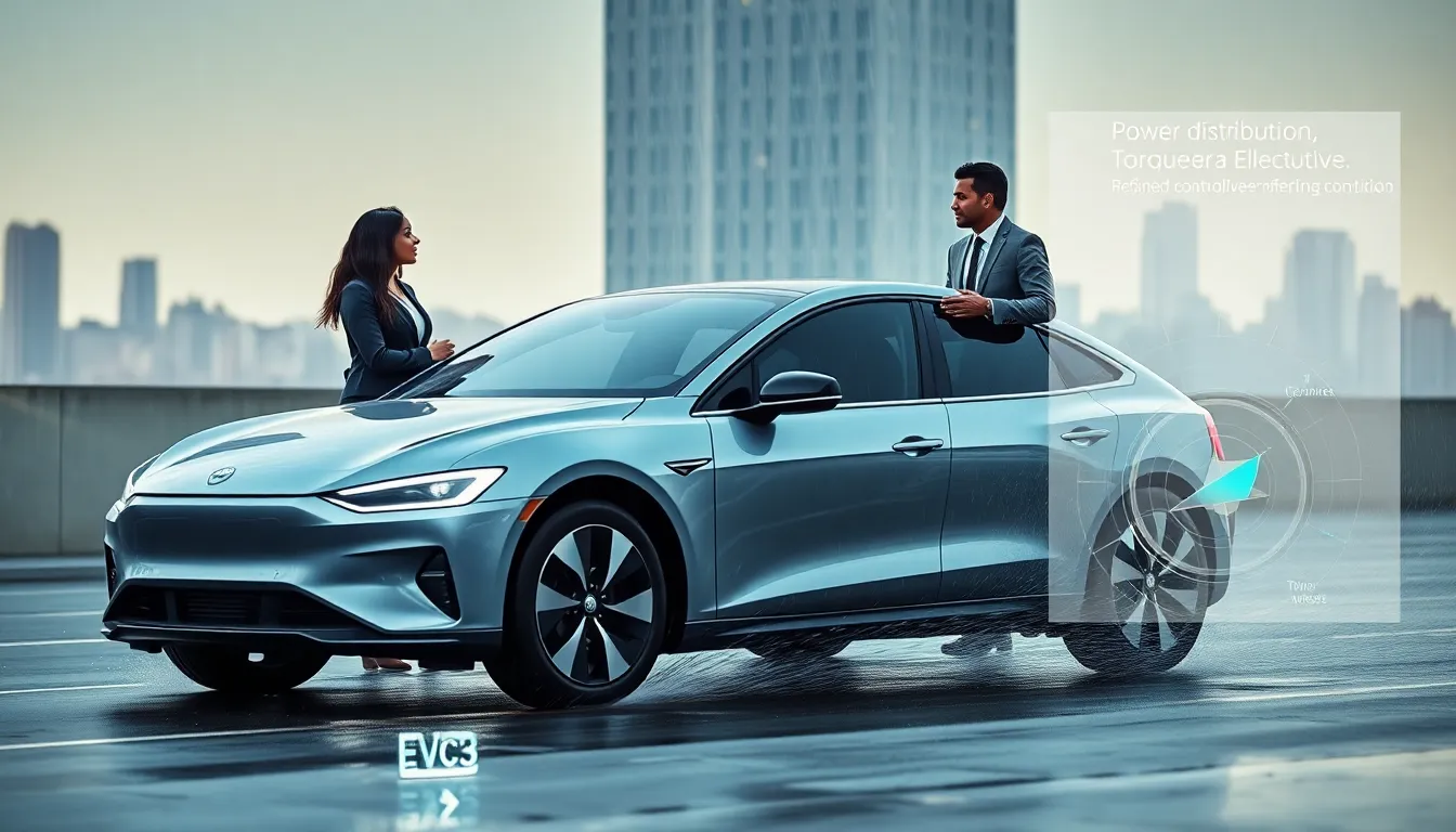 electric vehicle demonstrating all-wheel drive features in a rainy urban setting.