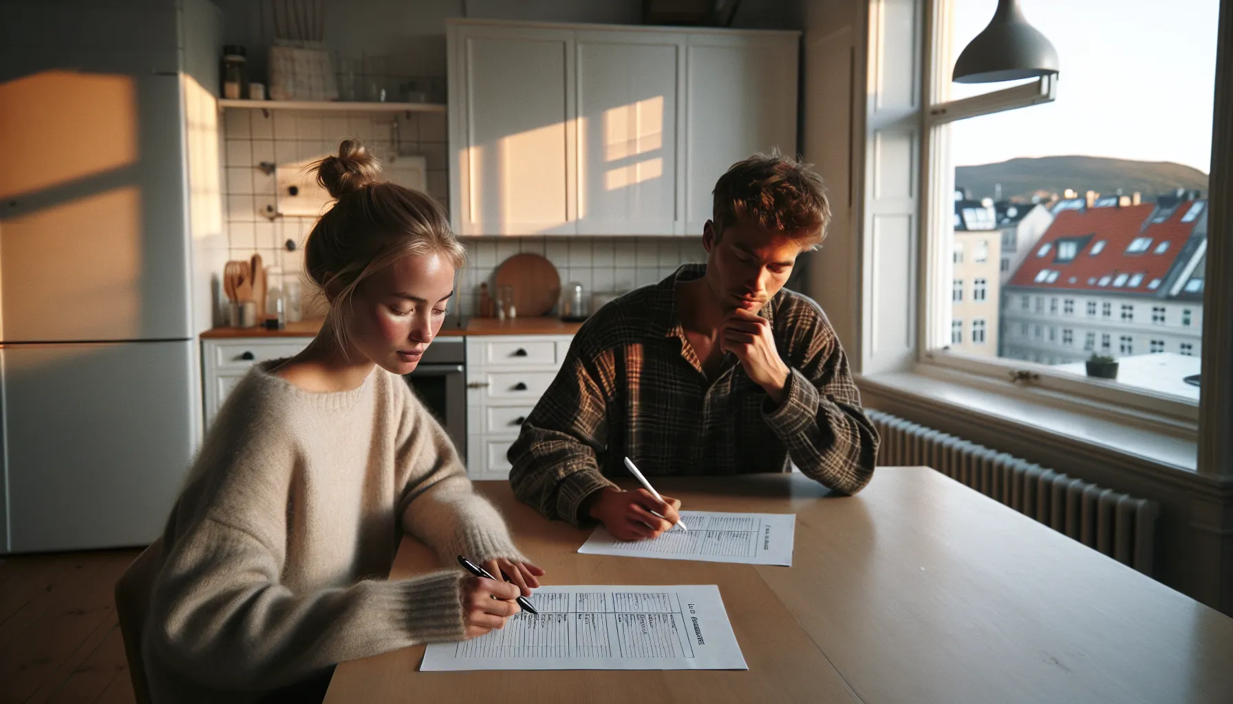 Hvordan planlegge et bryllupsbudsjett uten å gå i gjeld 2 Norwegian couple calmly prioritizing wedding wishes together at a kitchen table.