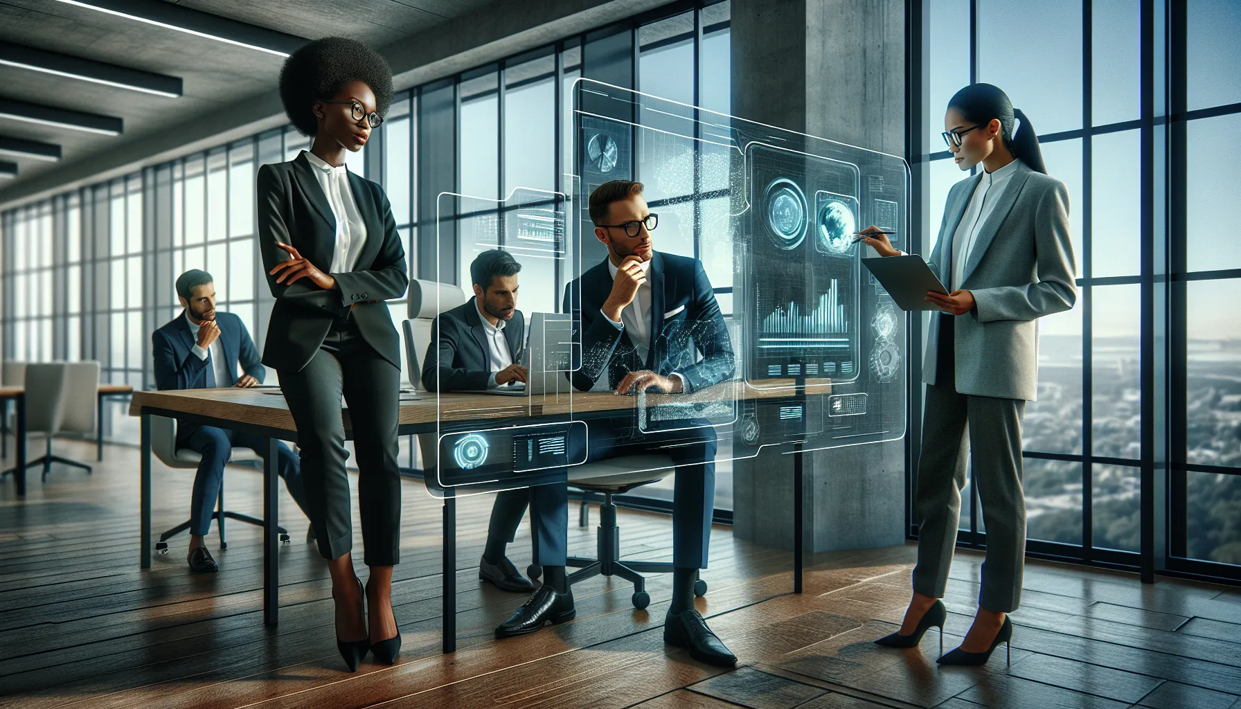 diverse professionals discussing cbofeos technology in a modern office.