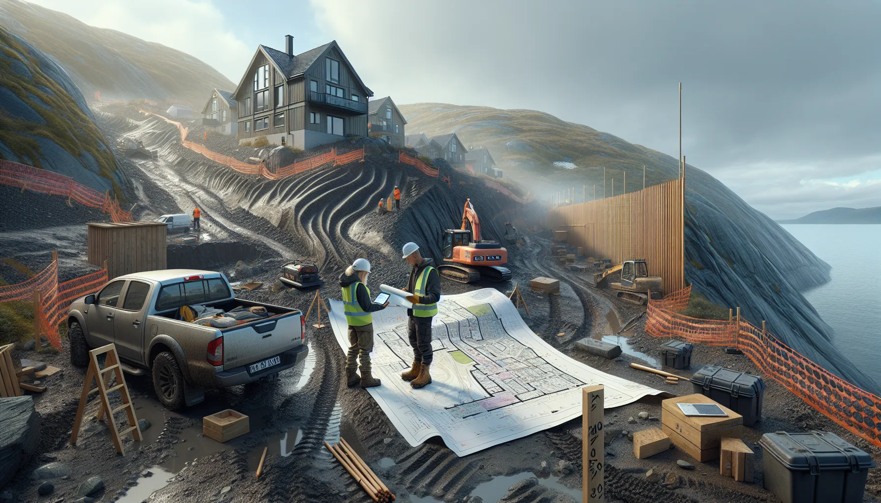 De beste tipsene for å optimalisere kostnader i boligbygging 3 Two builders review site plans on a norwegian plot with rocky ground.