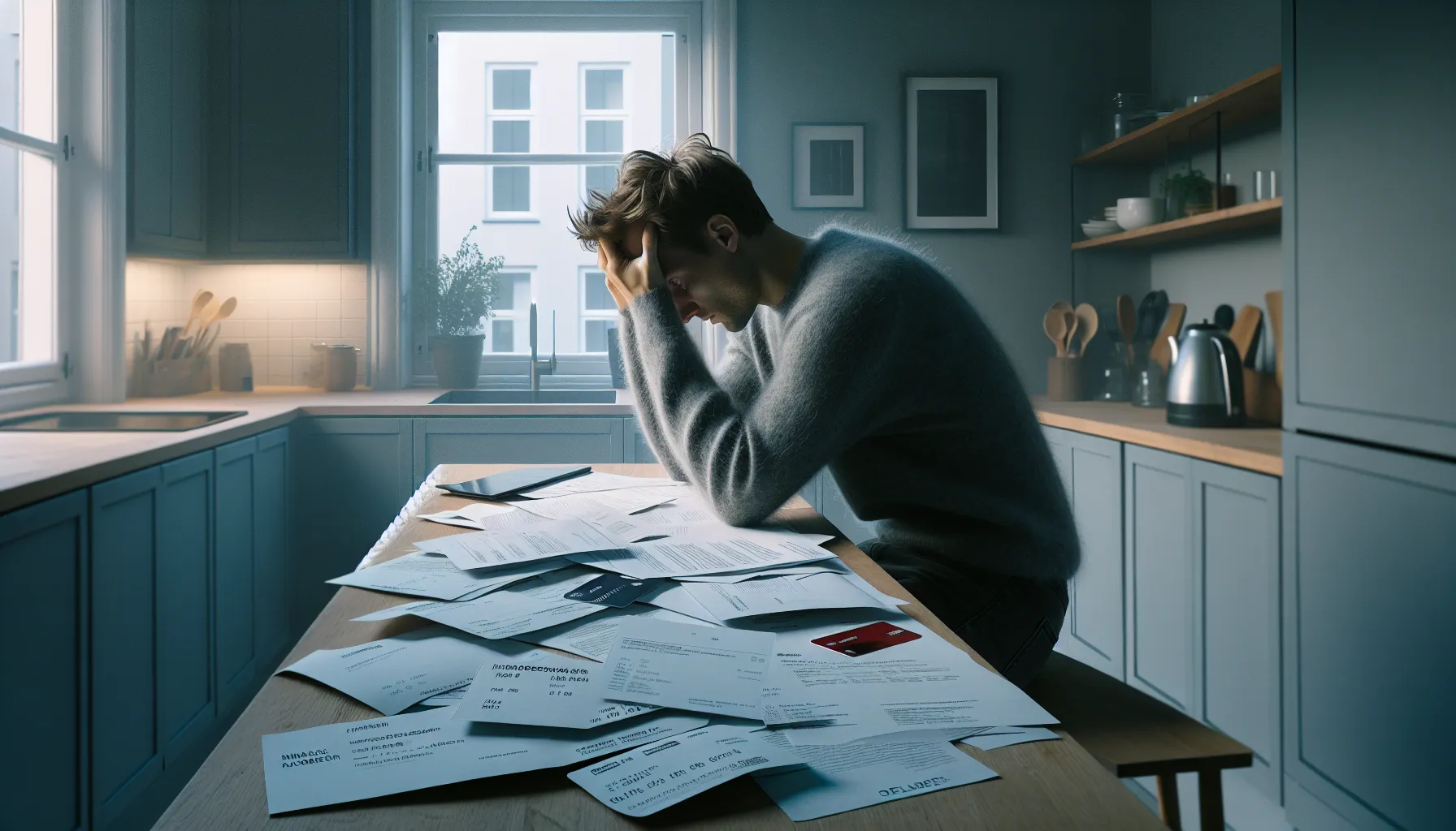 Worried person in norwegian kitchen surrounded by bills, credit cards and debt notices.