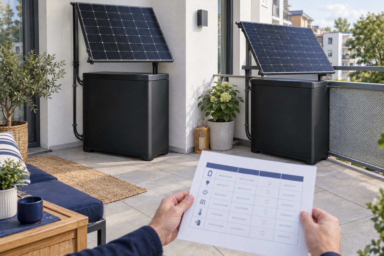 Zwei Solarspeicher neben Balkonmodulen und einer Vergleichscheckliste