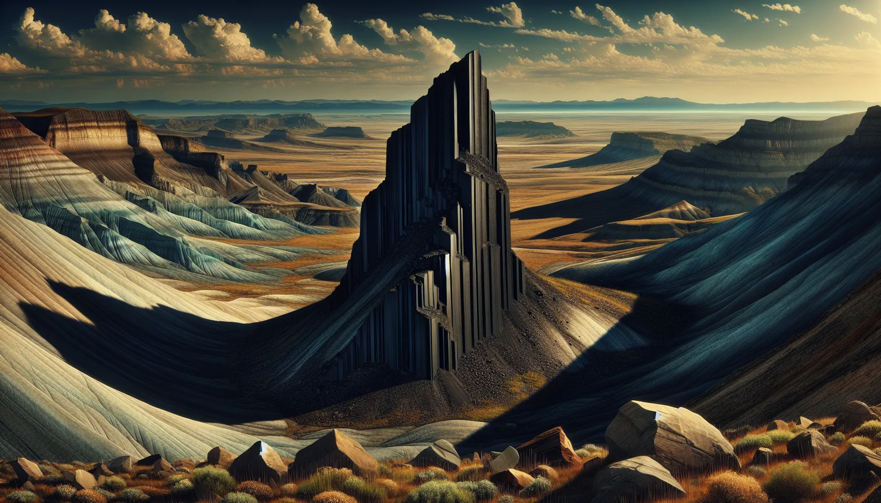 A dark basalt dike contrasting with light gneiss in a rugged landscape.