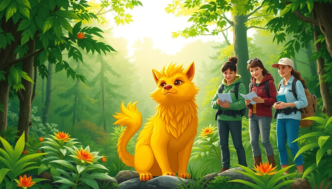 mythical Goldencopeliok in a forest with researchers observing.