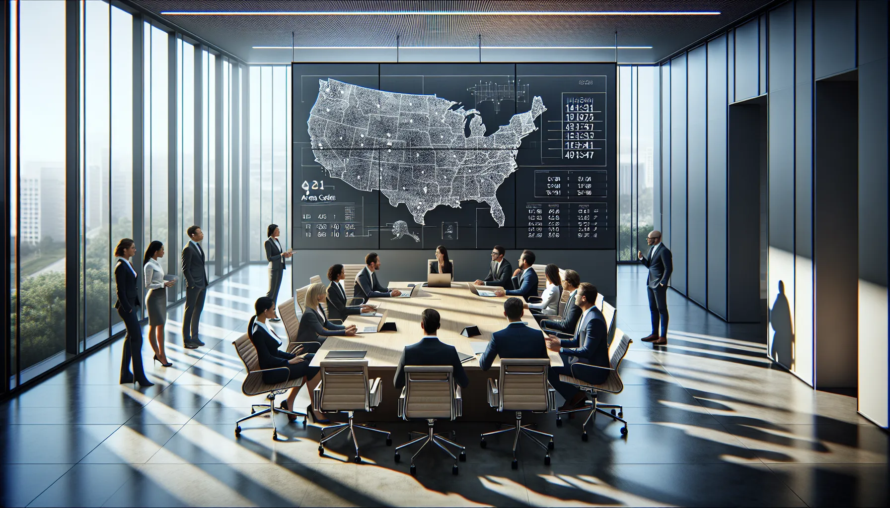 professionals discussing area codes in a modern office setting.