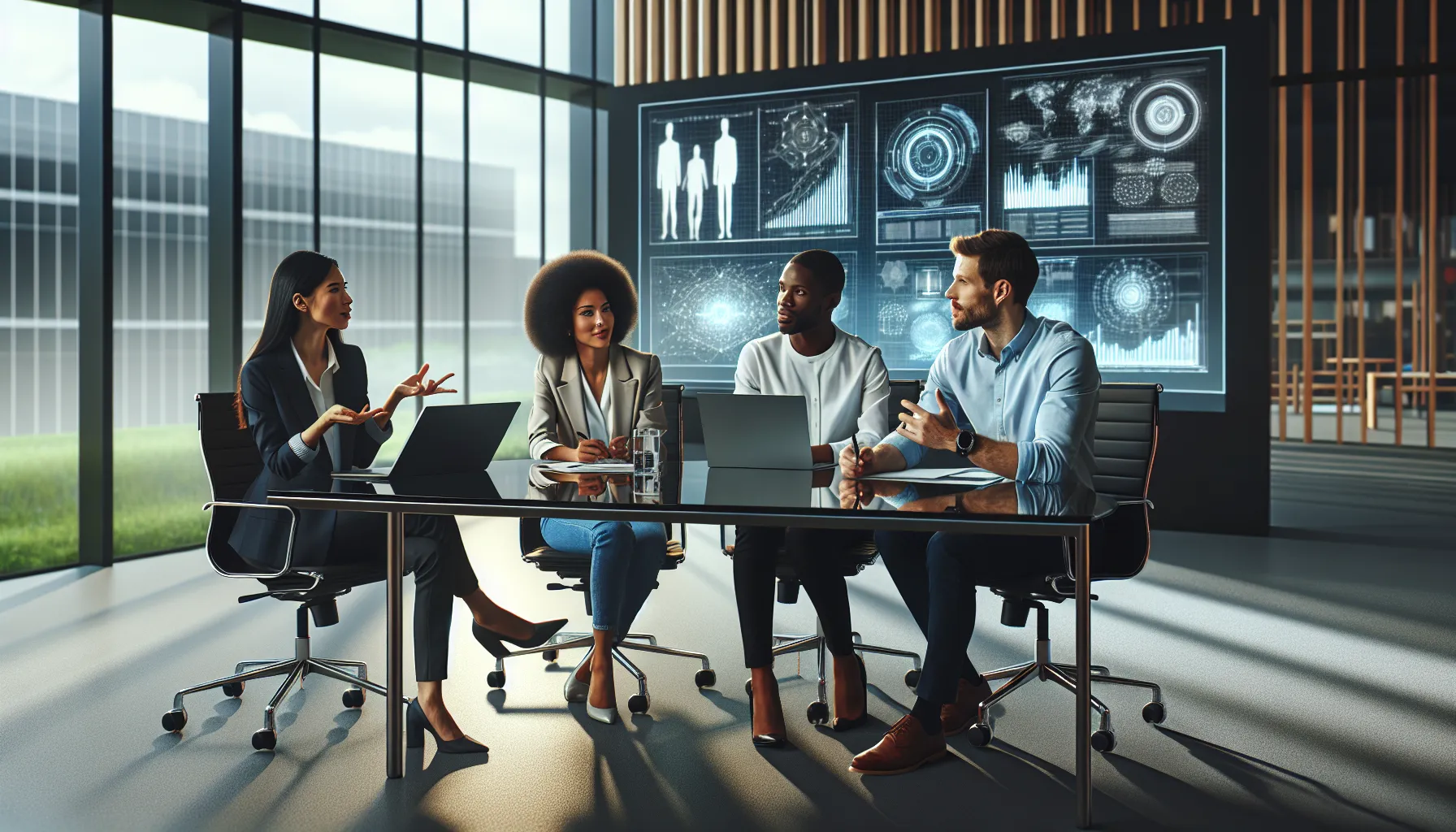 professionals discussing innovative ideas in a modern conference room.