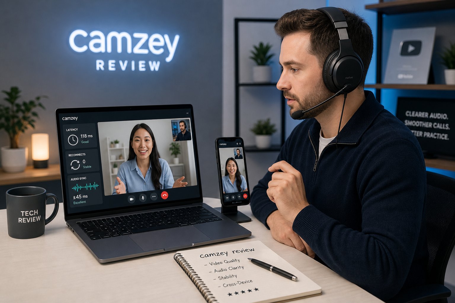 Reviewer testing Camzey call quality on laptop and phone with headphones.