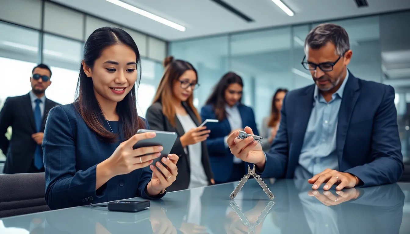 diverse professionals interacting with various innovative gadgets in a modern office.