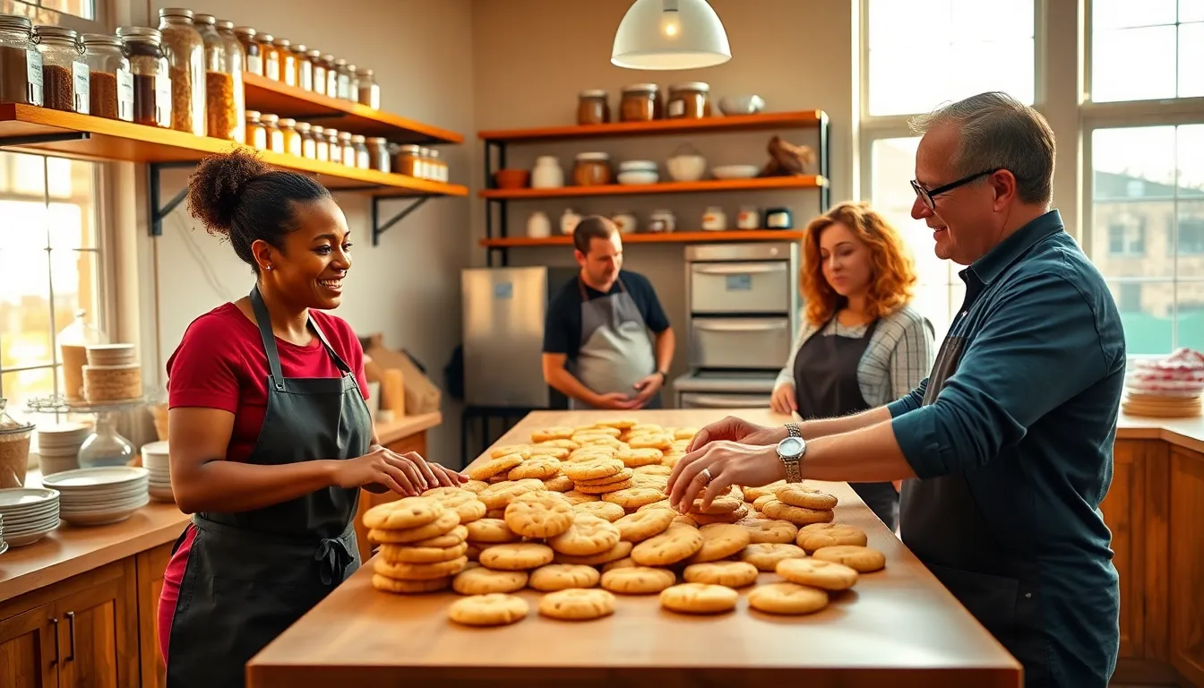 diverse team arranging cookies in a welcoming bakery.