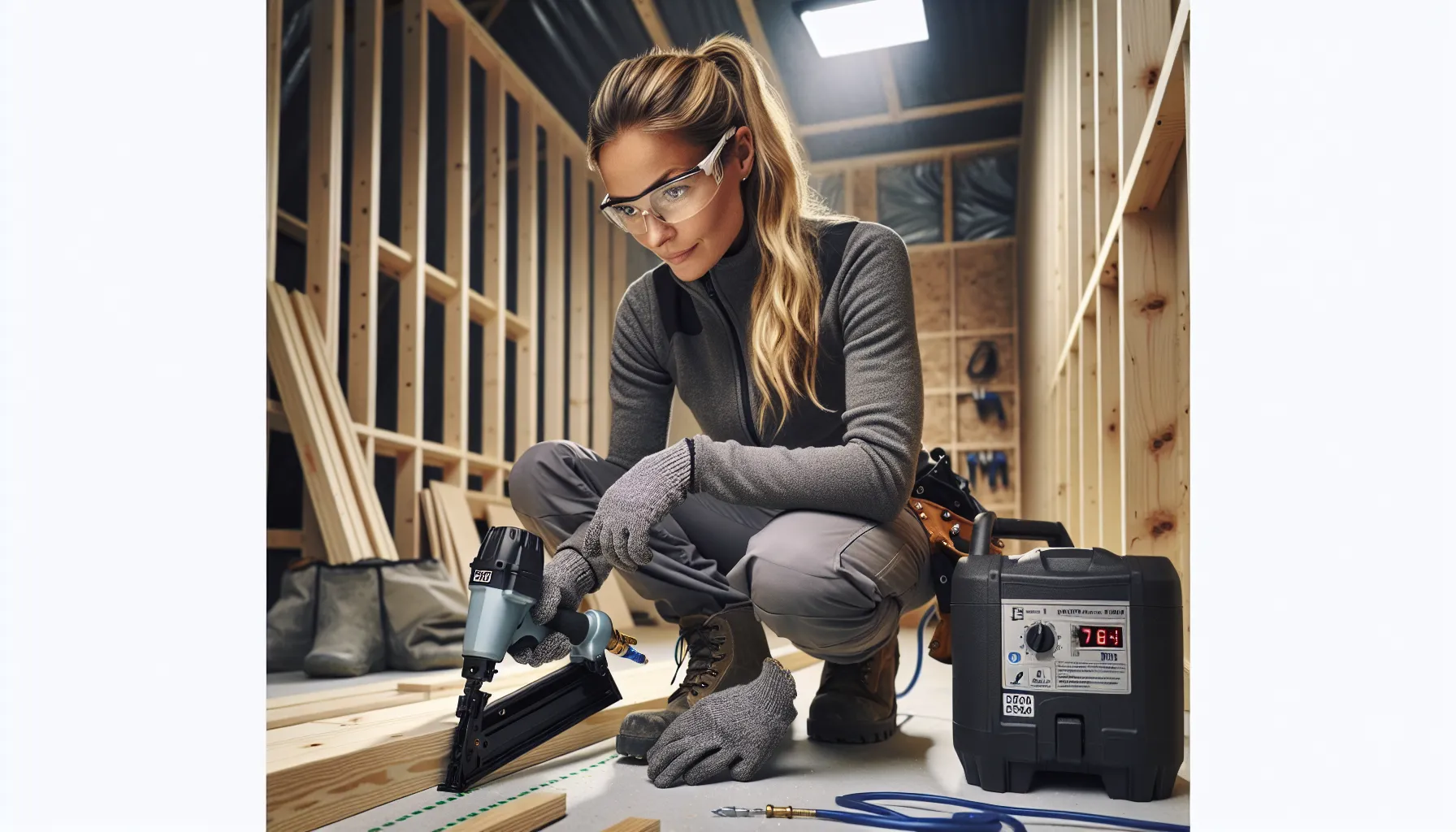 Norwegian carpenter uses nail gun safely with PPE in a tidy workshop.