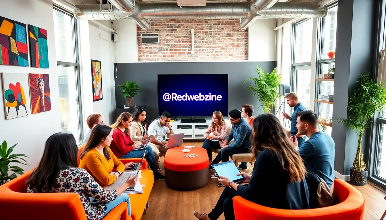 diverse group of creators collaborating in a modern workspace.