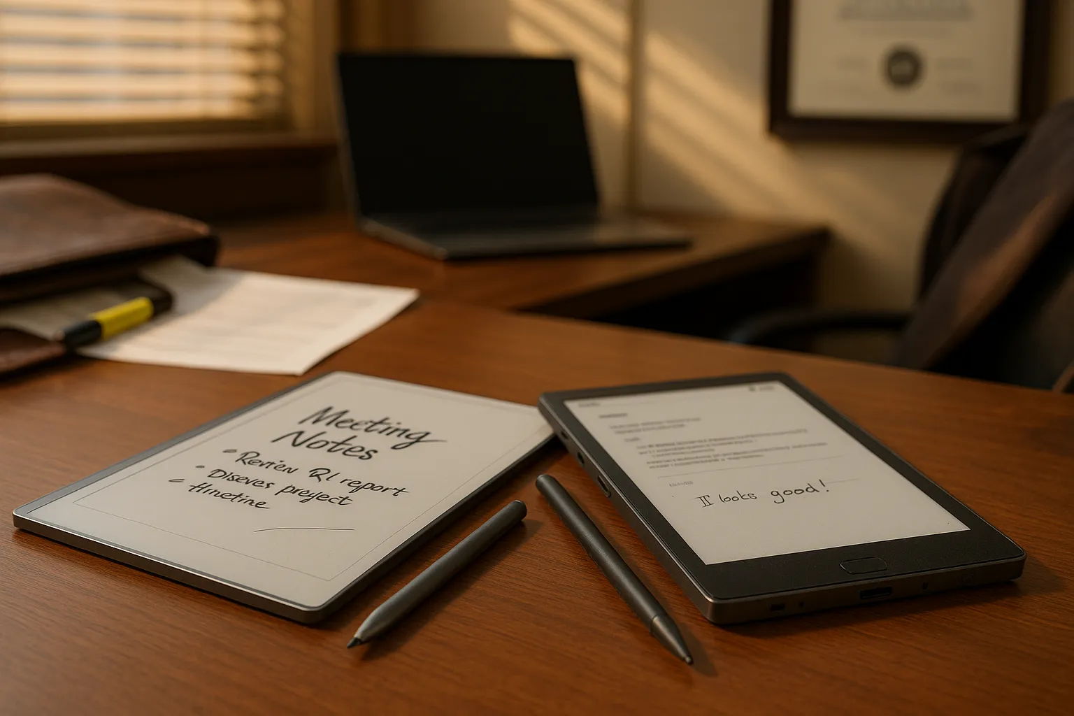 Two e-ink tablets and styluses on a walnut desk in a professional office.