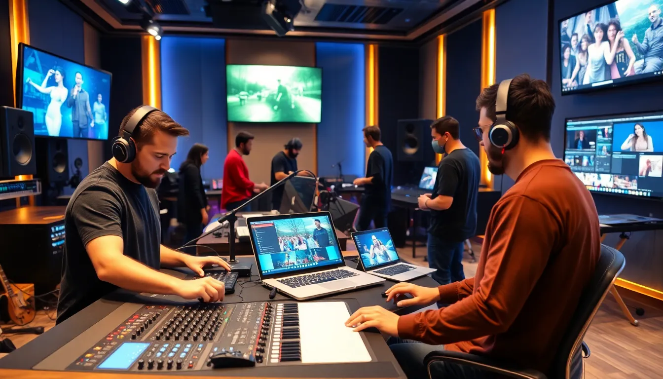 diverse artists collaborating in a modern audio and video studio.