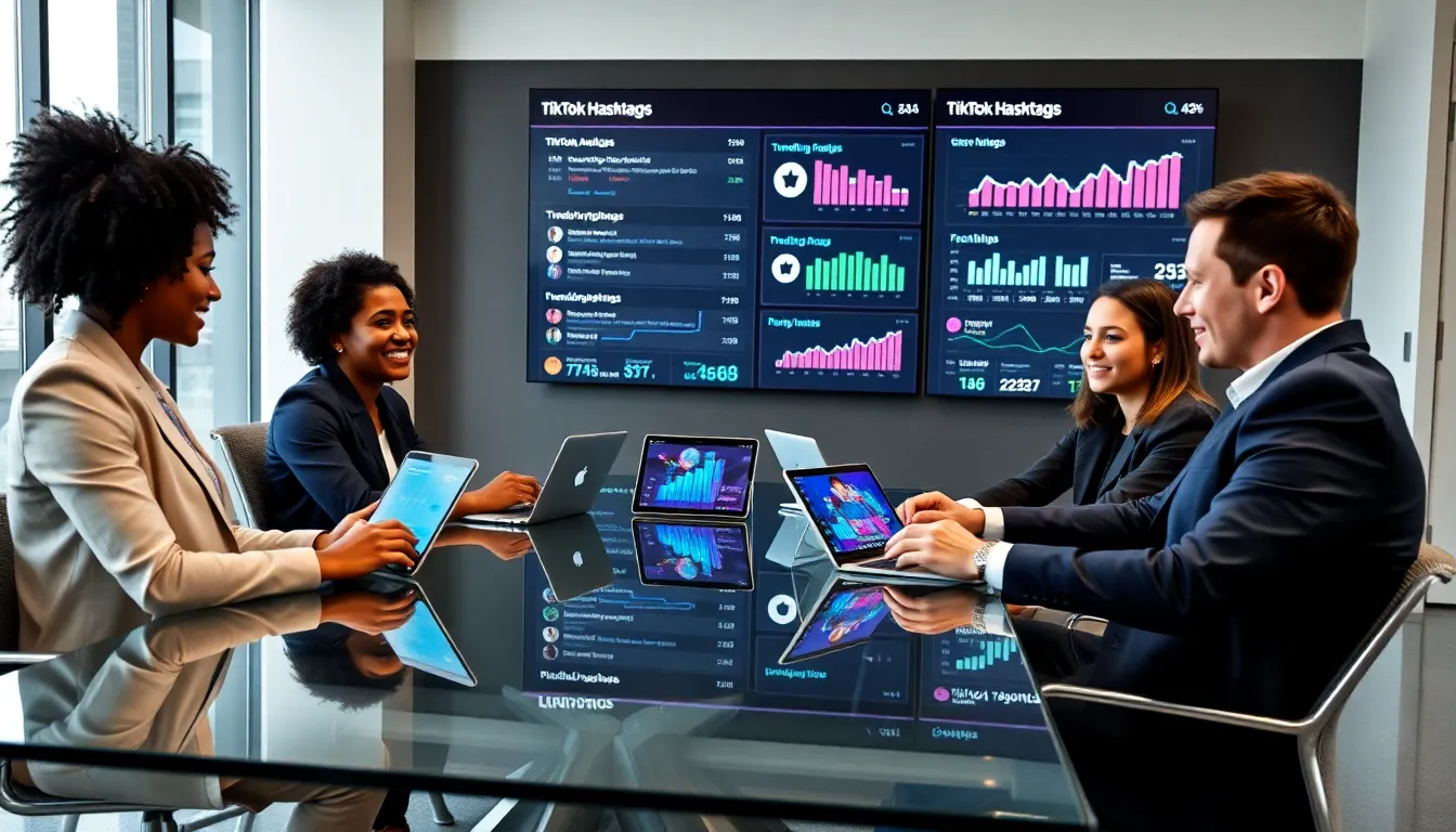 diverse team discussing TikTok hashtags in a modern office