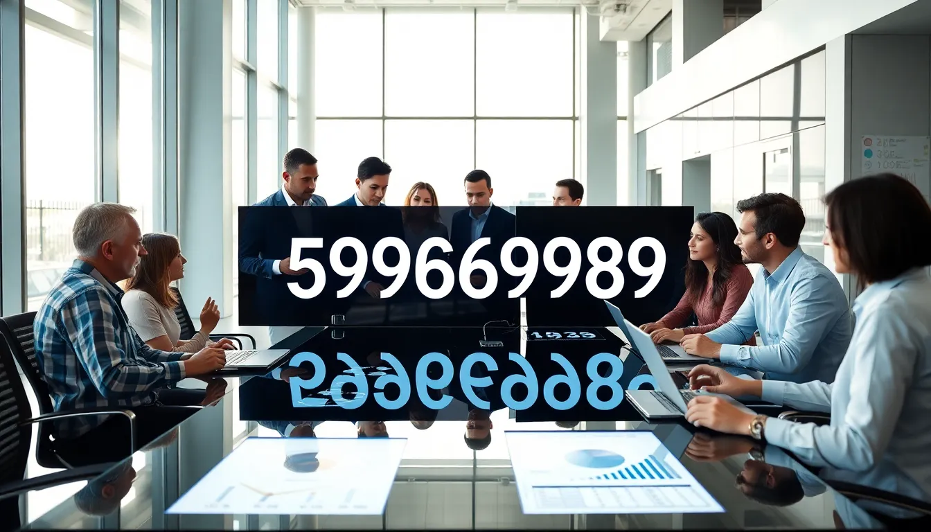 professionals discussing the significance of a number in a modern office.