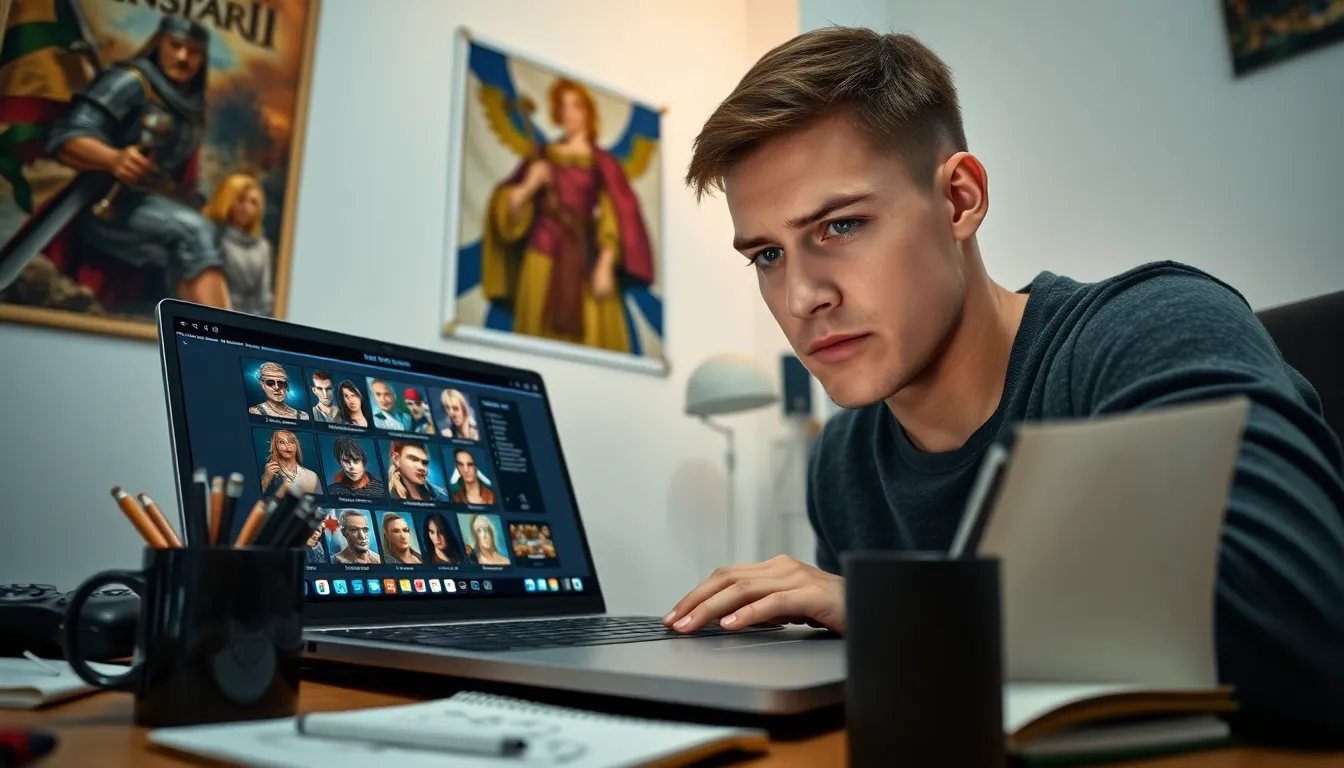 A gamer creating characters for Crusader Kings II on a laptop.