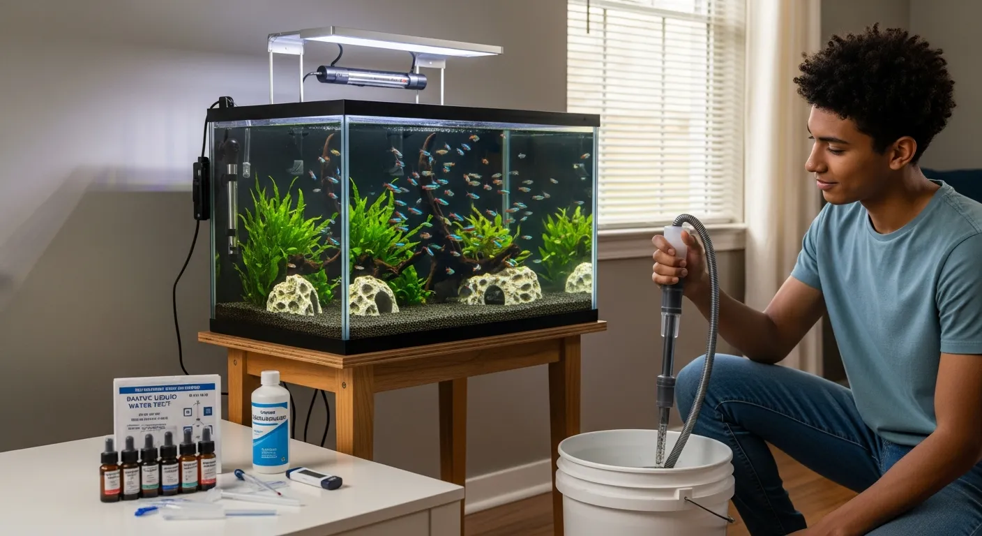 Beginner aquarist cleaning a small planted freshwater tank with easy community fish.