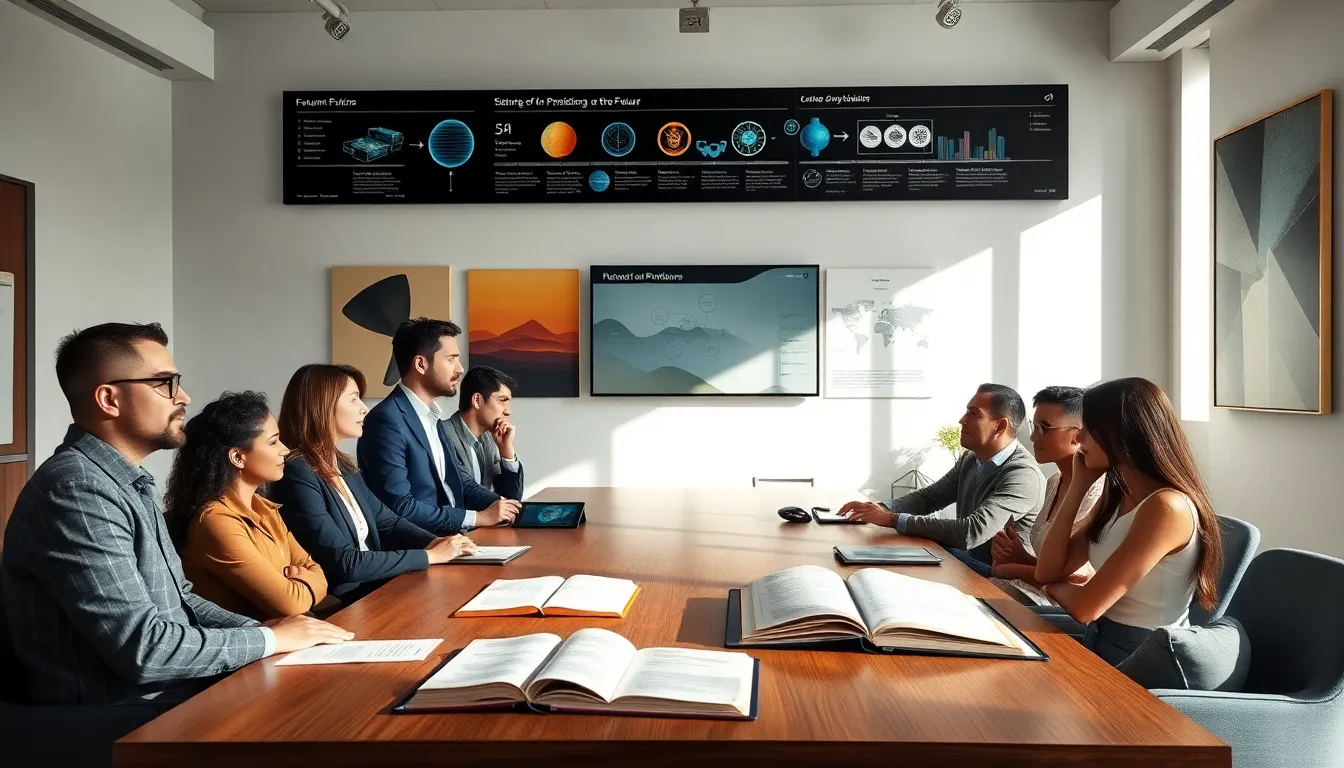 professionals discussing the history of futurism in a modern office.