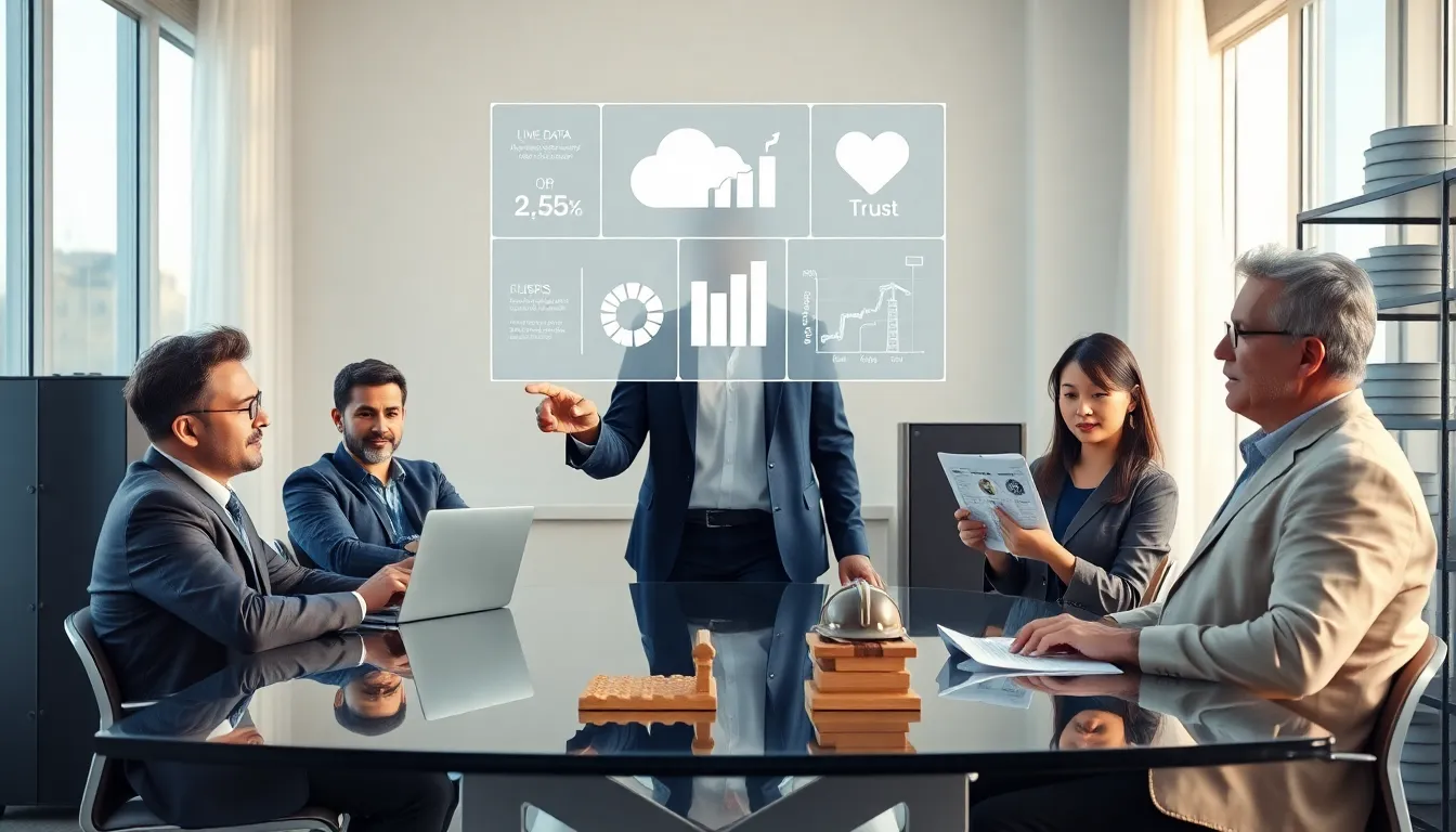 Team around a table reviewing holographic resource metrics in a modern office.