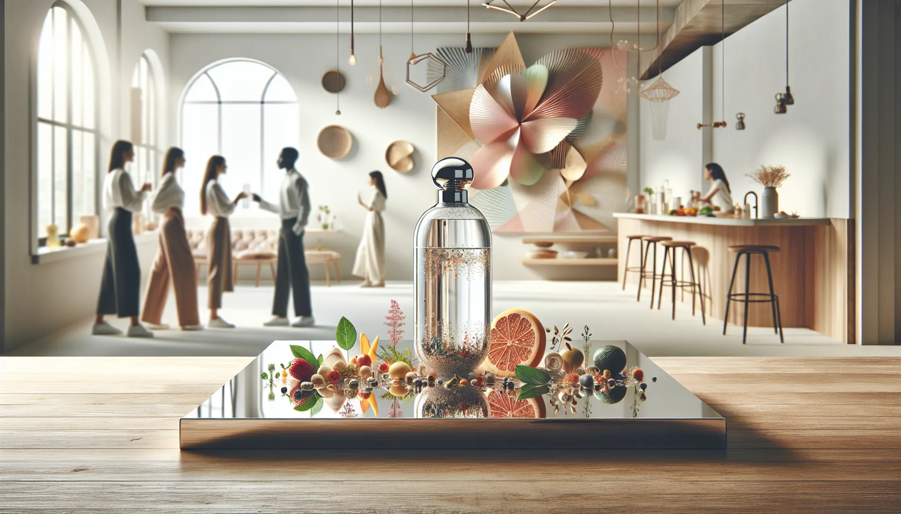 Hydaguay bottle with fresh ingredients in a modern kitchen setting.