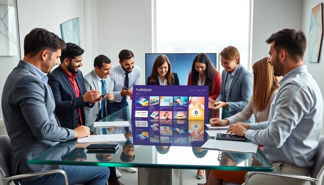diverse team discussing Fudholyvaz in a modern office.