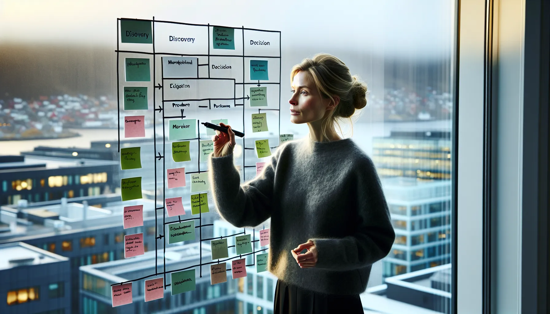 Hvordan integrere seo i innholdsmarkedsføring 4 Norwegian marketer mapping personas and kpis on a strategy wall.