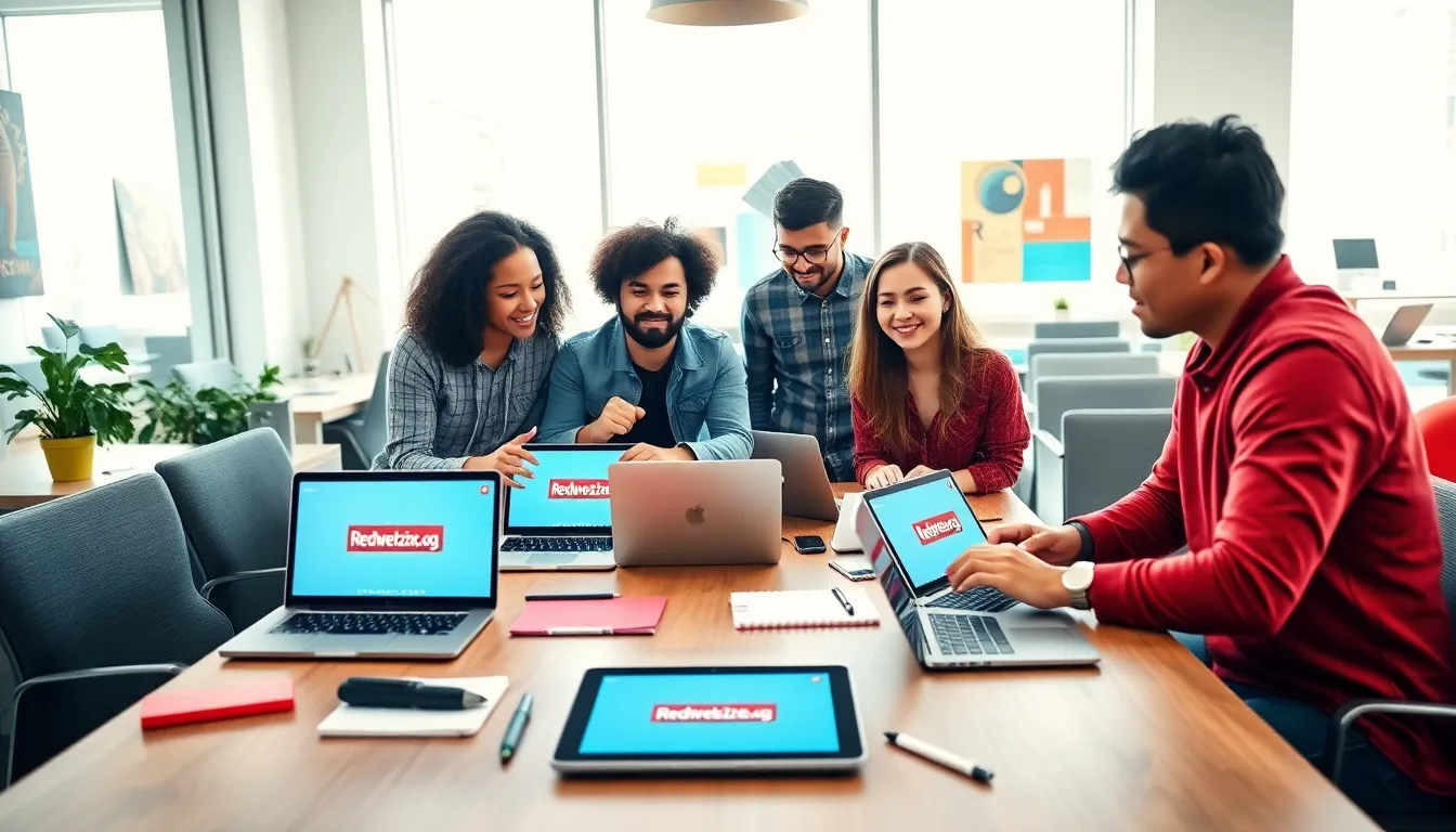 a diverse group collaborating in a modern creative workspace.