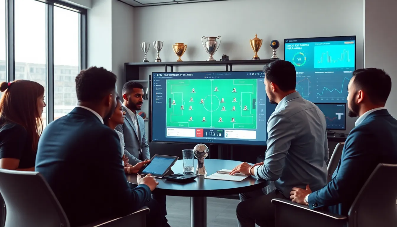 diverse team analyzing football data in a modern office.