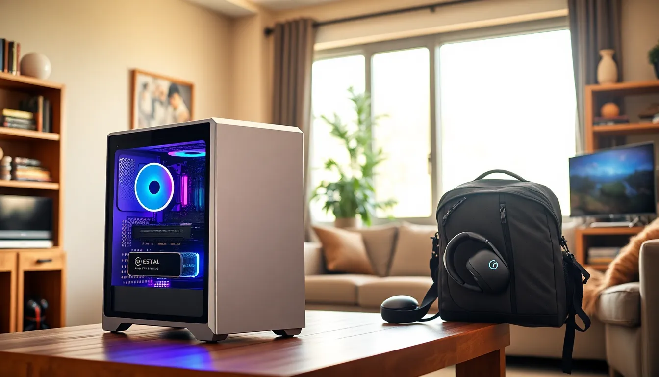 A compact transport gaming PC on a table, ready for gaming anywhere.
