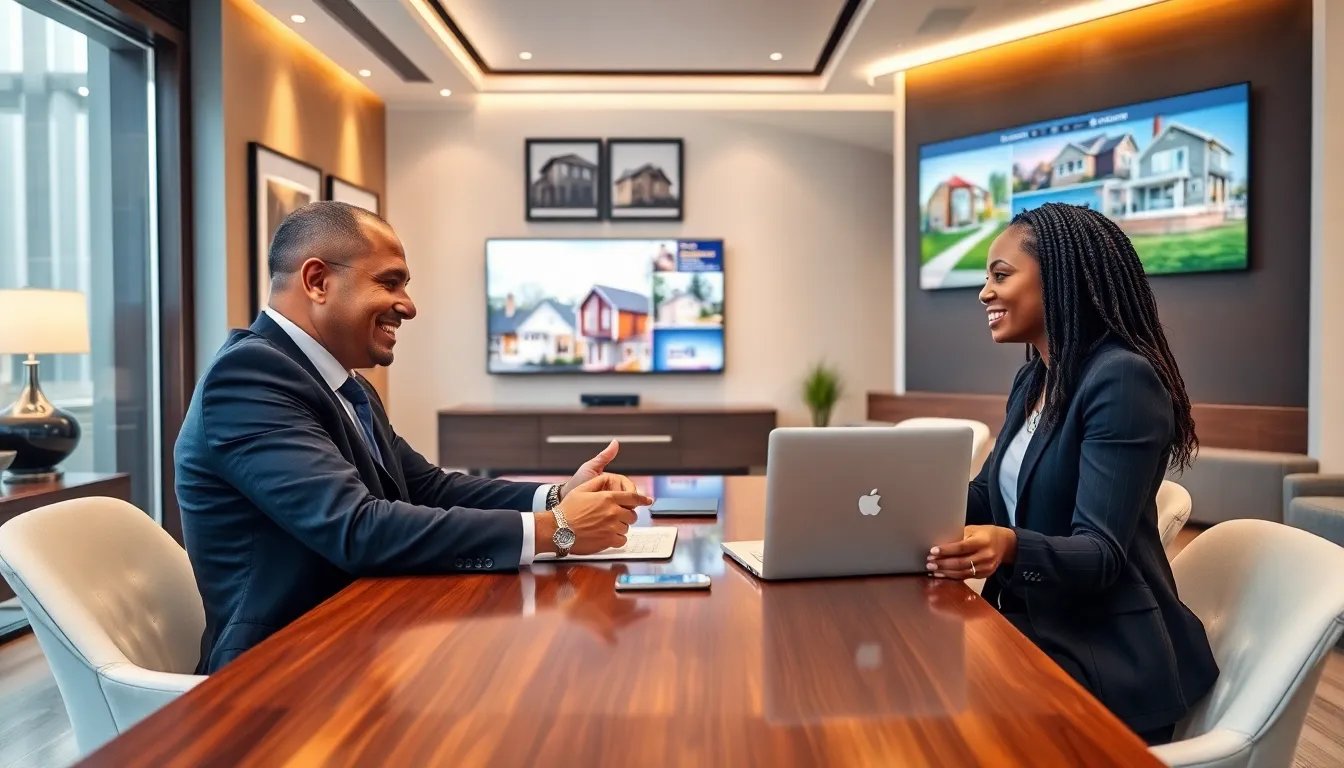 real estate agent discussing with a diverse couple in a modern office.