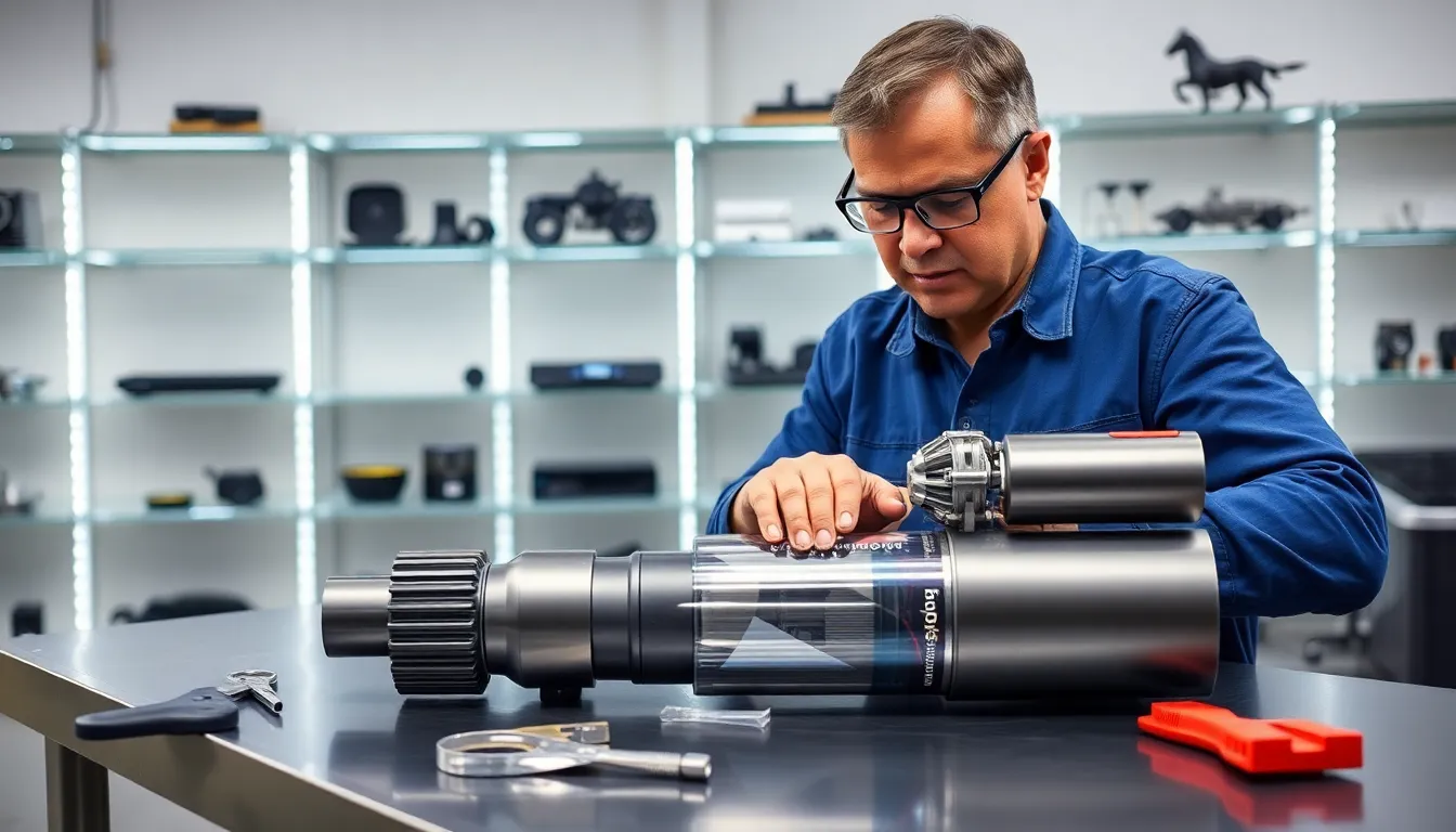 Technician troubleshooting a Dyson V6 vacuum in a modern workshop.