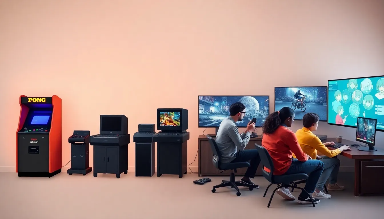 timeline showcasing the evolution of gaming from arcade to modern consoles.