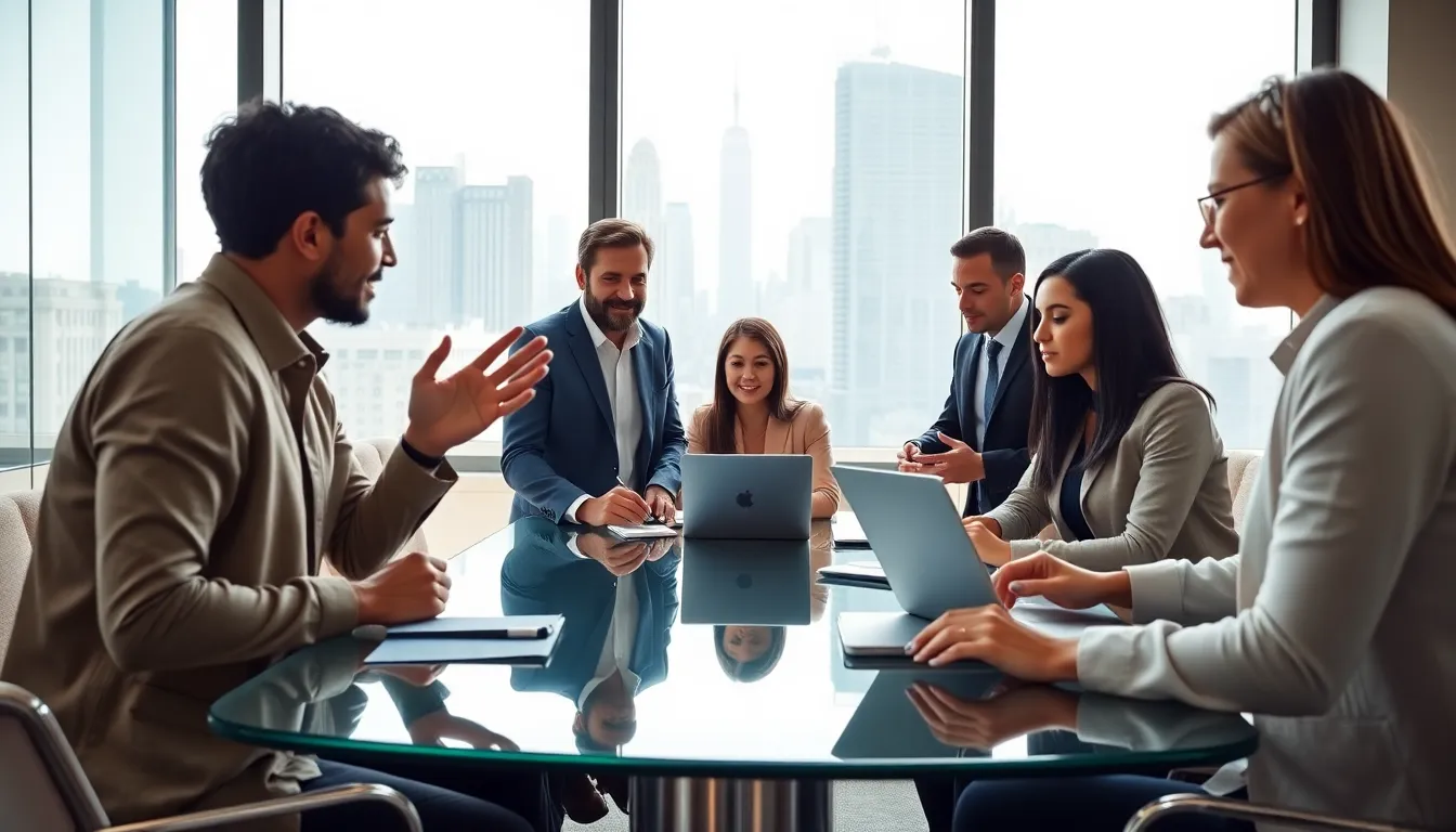 professionals collaborating in a modern office with a view of New York City.