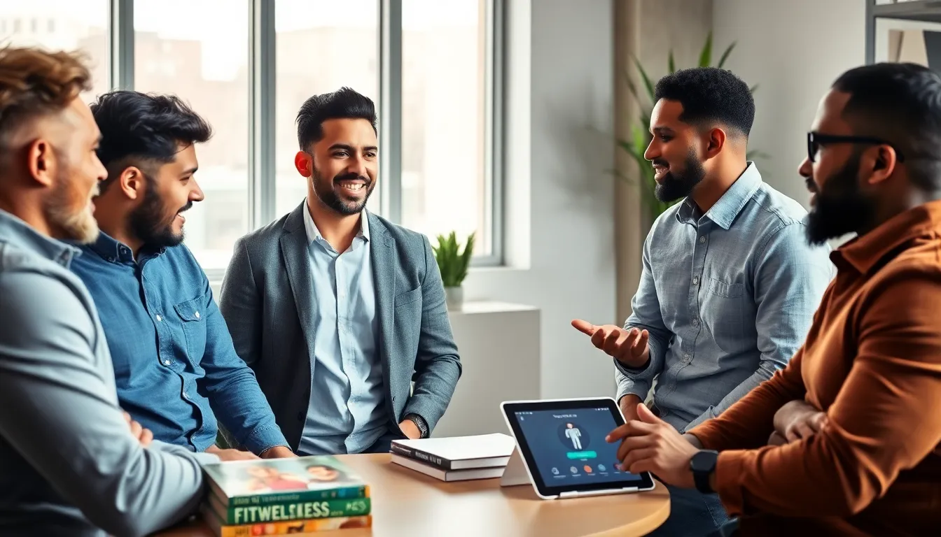 diverse group of men discussing wellness in a modern office