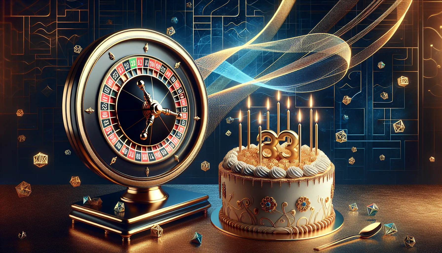 A symbolic image of a roulette wheel beside a decorative birthday cake.
