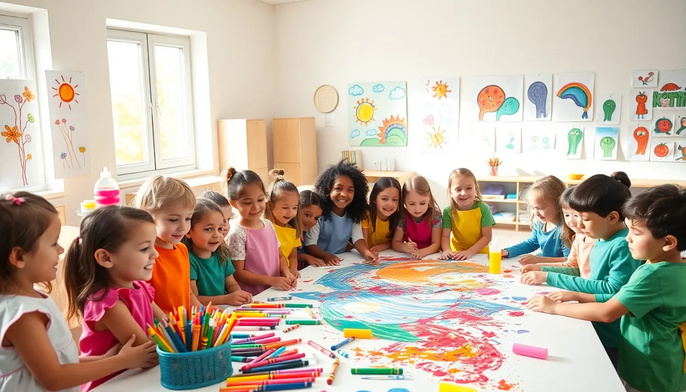 diverse preschoolers creating art together in a bright classroom.