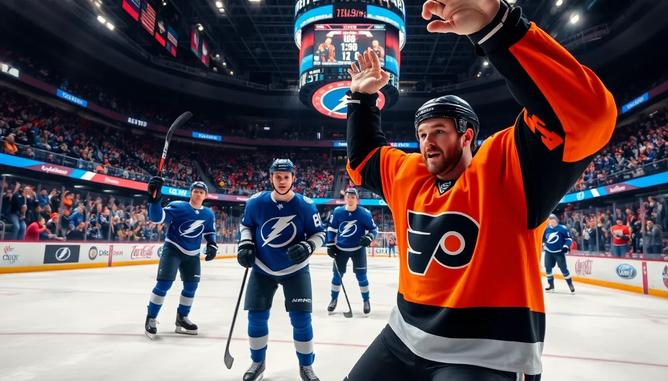 James van Riemsdyk celebrating a goal during a Flyers vs. Lightning game.
