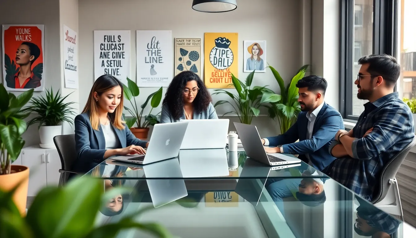diverse professionals collaborating in a modern workspace for side hustle activities.