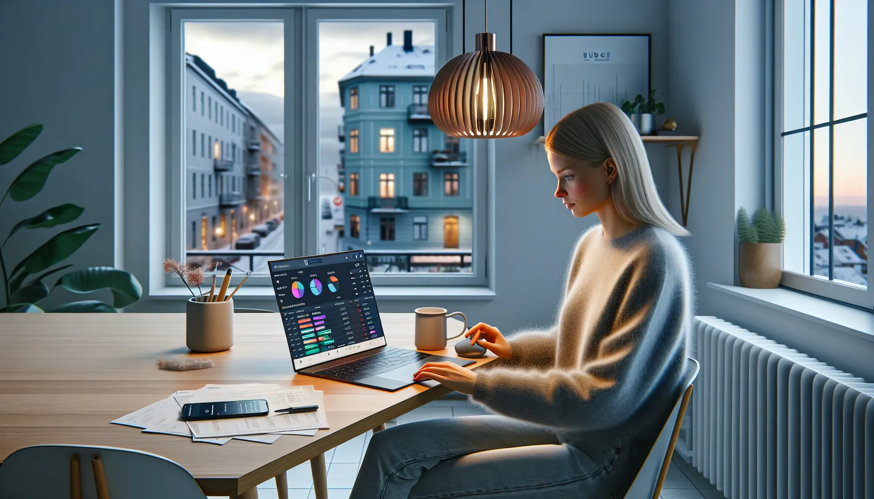 Hvordan bruke digitale verktøy for å forbedre budsjettkontroll 2 Norwegian woman using digital budgeting tools on laptop and phone at home.