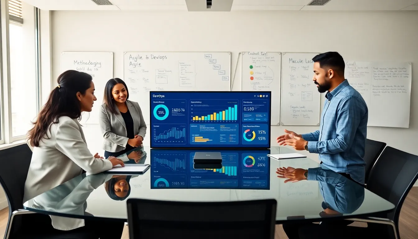 diverse IT team collaborating in a modern office on DevOps practices.
