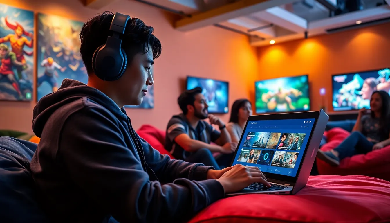 a diverse group of young people playing games in a vibrant gaming lounge.