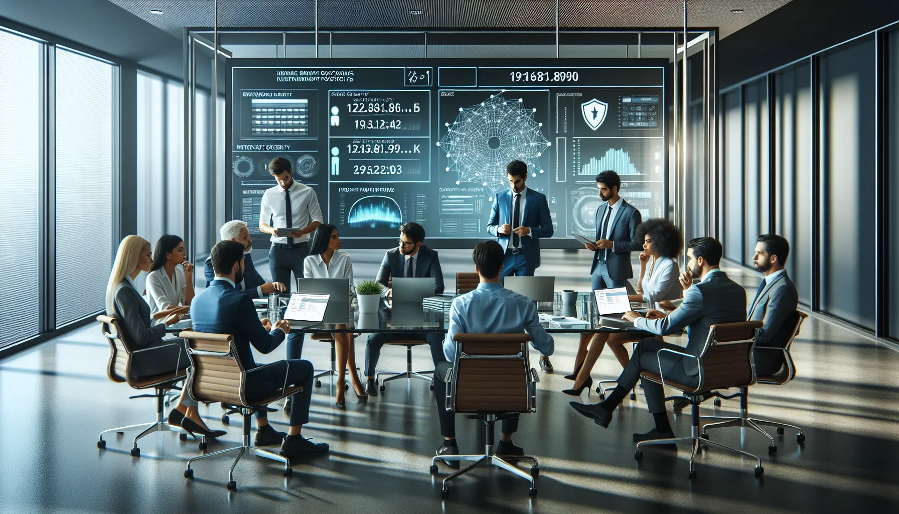 IT professionals discussing network security in a modern office.
