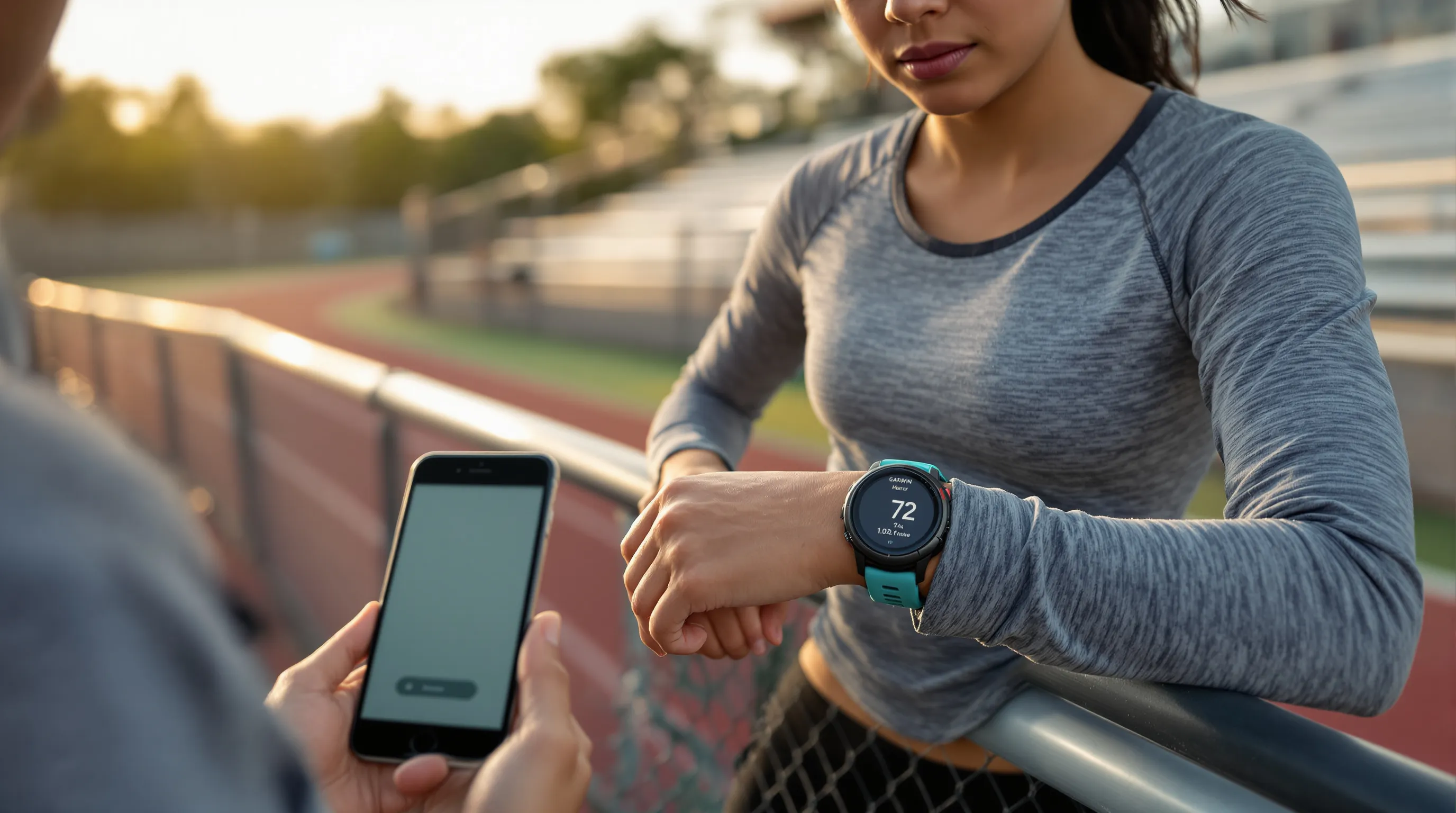 Teen runner checks Garmin watch while parent monitors LiveTrack on phone.