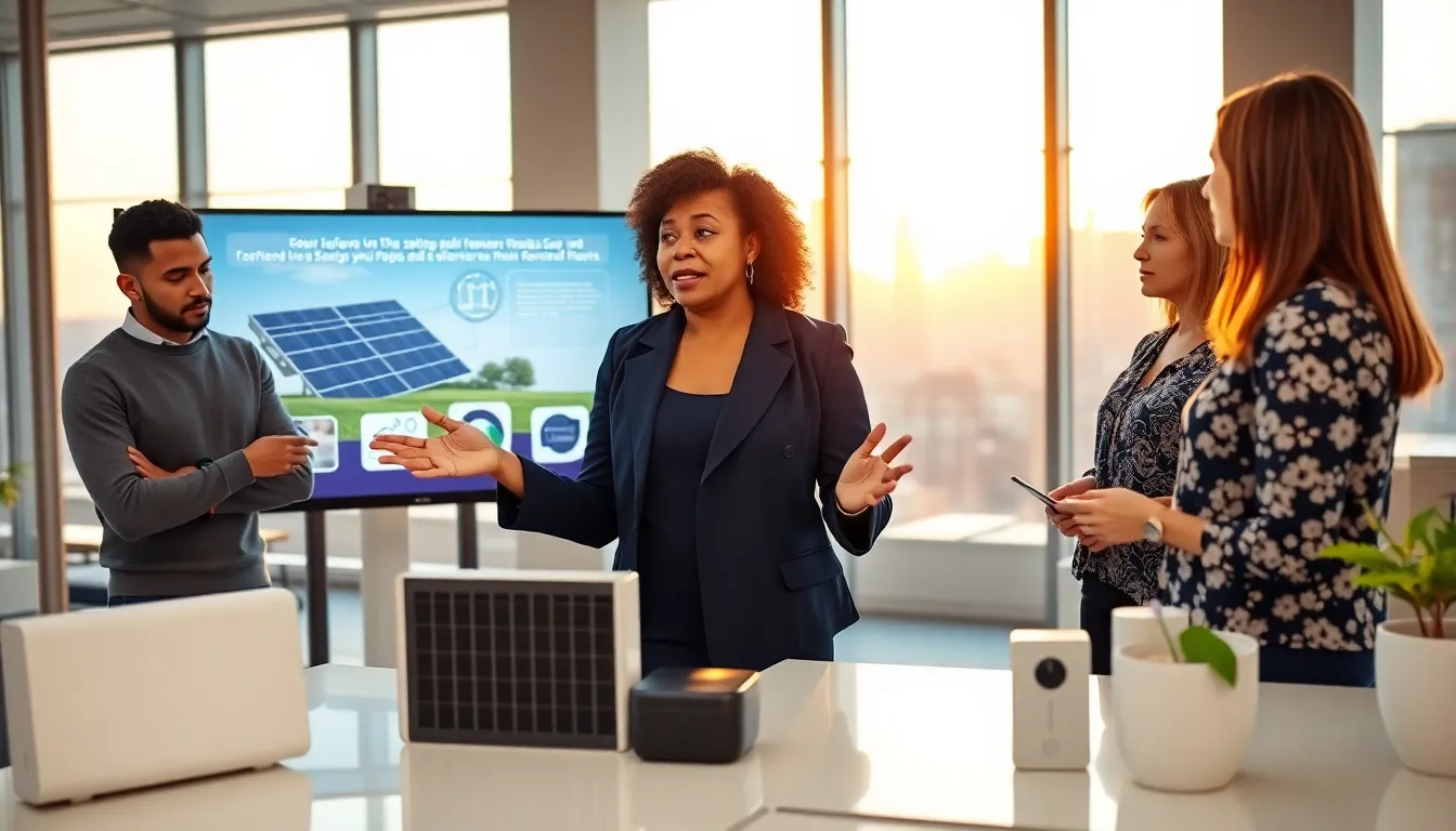 A diverse team discussing power solutions in a modern office.