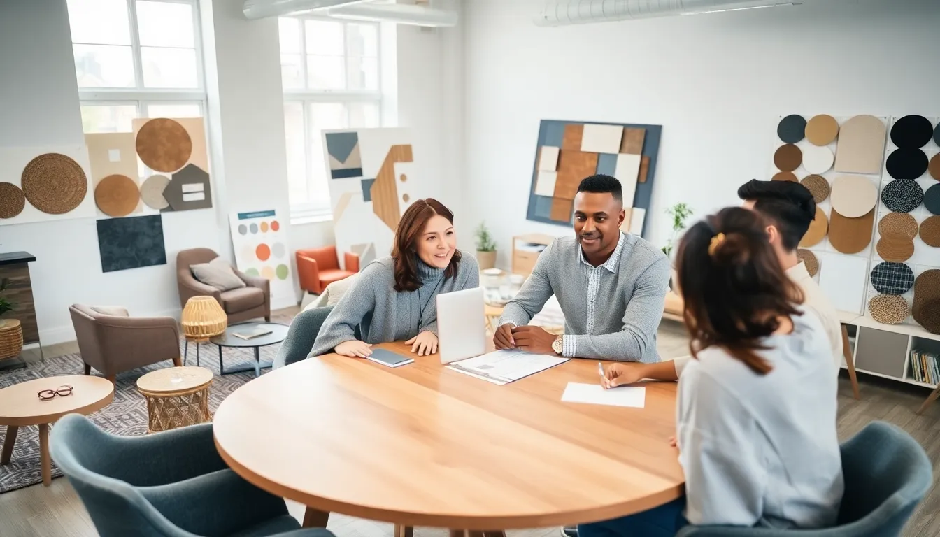 interior designer consulting with clients in a modern office.
