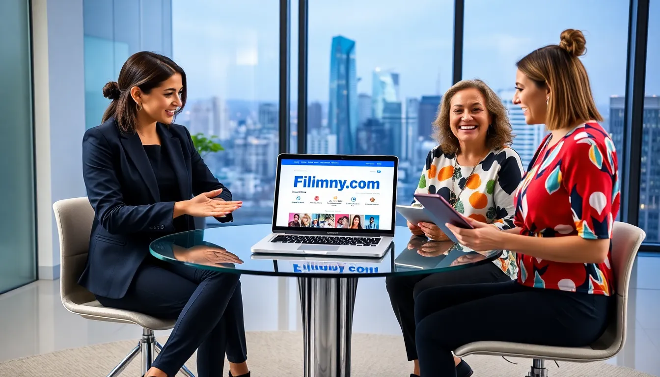 professionals discussing the Filimy Jila .com website in a modern office.