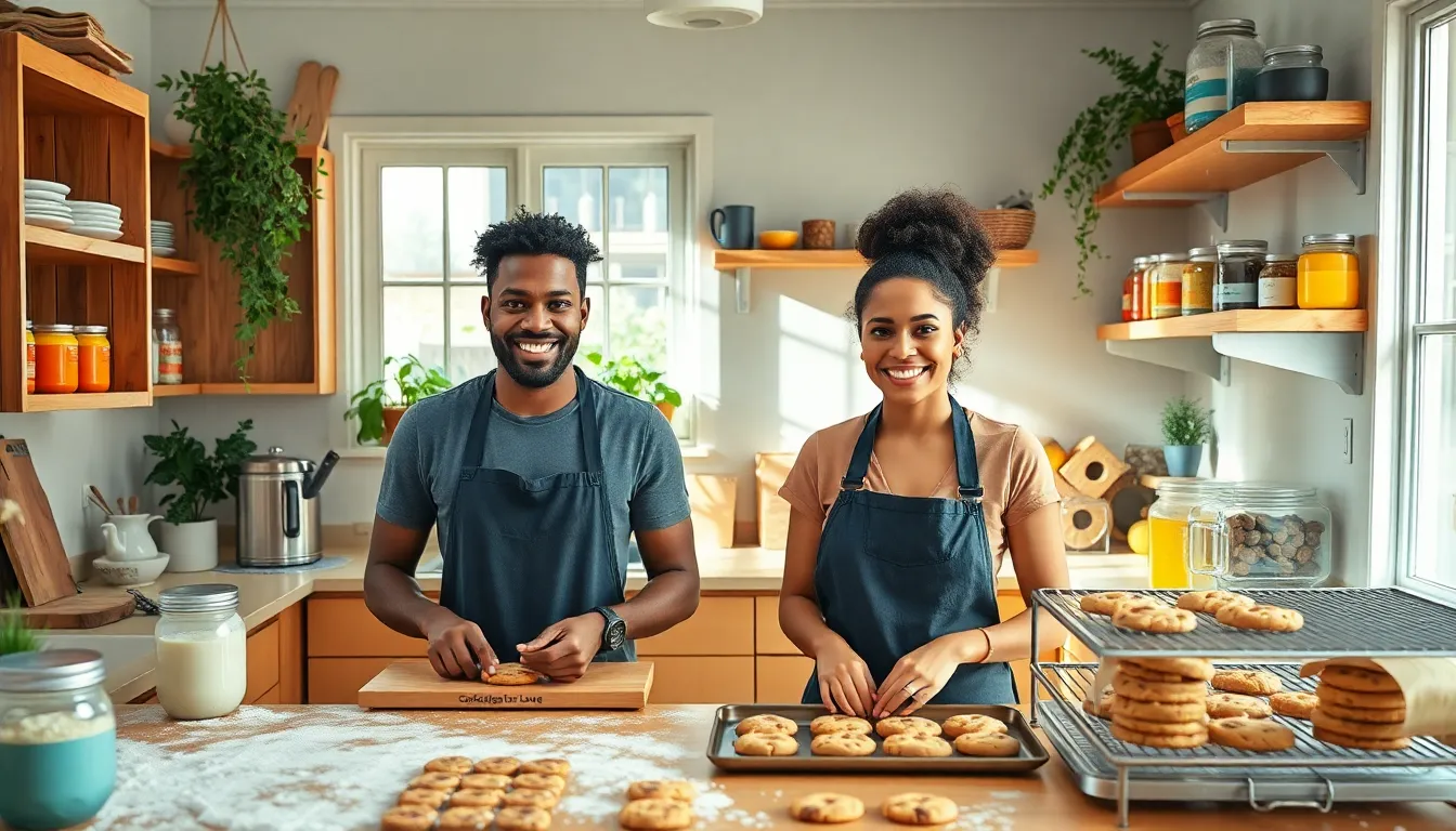 two founders baking cookies in a cozy kitchen.