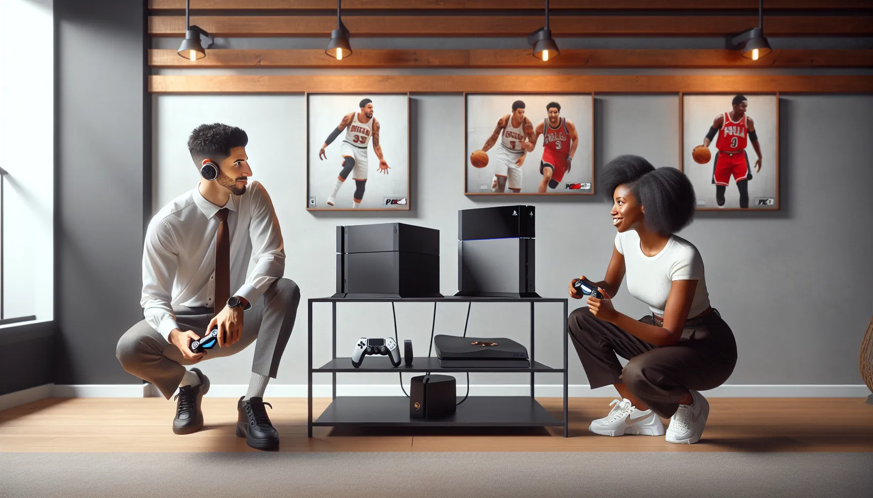 two gamers discussing NBA 2K23 in a modern gaming room.